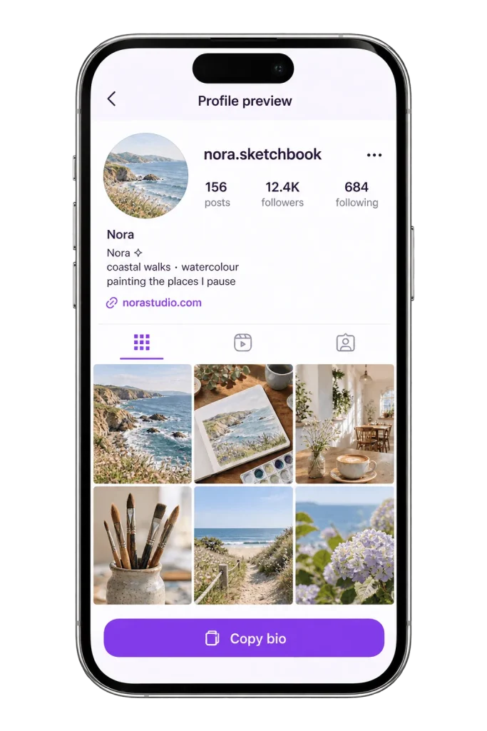 Example of an aesthetic Instagram bio in a mobile profile preview