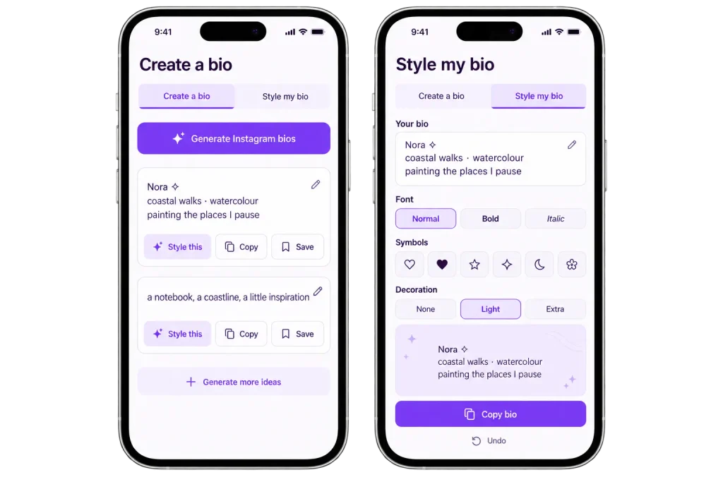 Generate Instagram bio suggestions or customize your own text with fonts and symbols